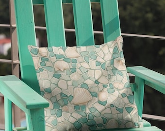 Vintage Coastal Sea Glass And Aqua Colored Beach Stones, Seashells And Starfish, Retro Beach Watercolor Pillow Cover