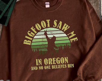 Sasquatch Sweatshirt/ Custom State Name Souvenir Funny Bigfoot Saw Me In/ Personalized Retro Sunset Fleece Sweater
