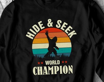 Bigfoot Sweatshirt/ Funny Sasquatch Hide And Seek World Champion Retro Sunset Vintage Fleece Sweater