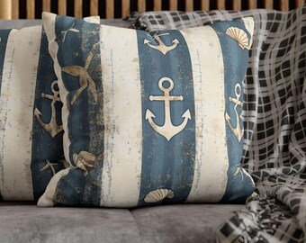 Nautical Coastal Blue Tonal Stripes Starfish Anchor Seashell Sand Texture Grunge Creamy White, Home Decor, Beach Pillow Cover