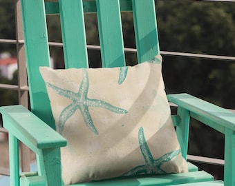 Coastal Retro Aqua Starfish, Watercolor Beach Retro Vintage Sand Textured Nautical Decor Pillow Cover