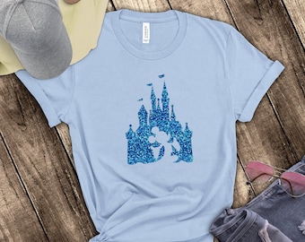 Disney Mickey Mouse Shirts/ Disney Cinderella Castle Aqua Blue Glitter T-Shirts