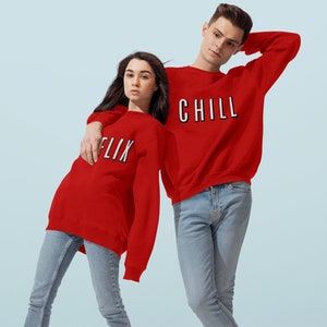 Netflix And Chill Couple Sweatshirt/ Netflix And Chill Matching Couple Fleece Sweater/ Halloween Couple Pajama Sweatshirt/ Date Night Shirts