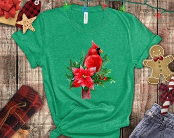 Christmas Shirts/ Red Cardinal With Pine Tree Branches, Holly And Poinsettia Winter Holiday T shirts
