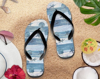 Nautical Flip Flops/ Blue Stripe Watercolor Seashell Illustration Coastal Tropical Beach Summer Sandals