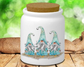 Gnome Ceramic Jar/ Tropical Starfish Blue Watercolor Beach Gnomes Creamer/ Sugar/ Spice Jar With Cork Lid Kitchen Gift