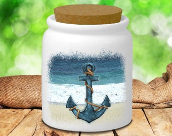 Beach Ceramic Jar/ Nautical Watercolor Ship Anchor Creamer/ Sugar/ Spice Jar With Cork Lid Kitchen Gift