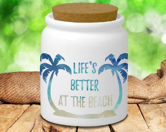 Beach Palm Trees Ceramic Jar/ Life’s Better At The Beach Creamer/ Sugar/ Spice Jar With Cork Lid Kitchen Gift