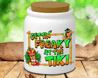 Tiki Bar Ceramic Jar/ Tropical Parrot Tiki God Beach Wood Gettin’ Freaky At The Tiki Creamer/ Sugar/ Spice Jar With Cork Lid Kitchen Gift