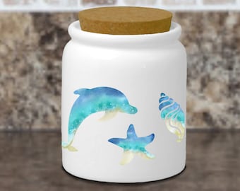 Beach Ceramic Jar/ Nautical Watercolor Beach Dolphin Seashells Creamer/ Sugar/ Spice Jar With Cork Lid Kitchen Gift