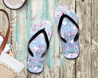 Flamingos Flip Flops/ Tropical Leaves Watercolor Pink Flamingos, Hibiscus Coastal Beach Summer Sandals