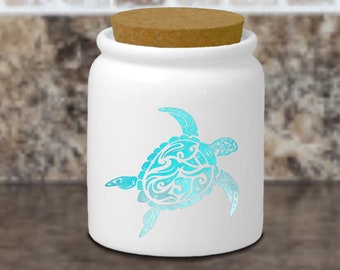 Beach Turtle Ceramic Jar/ Ocean Watercolor Art Turtle Creamer/ Sugar/ Spice Jar With Cork Lid Kitchen Gift