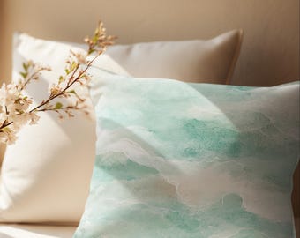 Vintage Coastal Shore Teal And Sand Beach Waves Decor, Retro Aqua Seafoam Pillow Cover