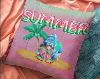 Summer Gnome Throw Pillow Cover/ Watermelon Letter Balloons And Tie Dye Beach Surfer Gnome With Palm Tree Summer Décor