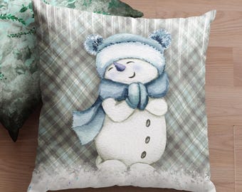 Christmas Throw Pillow Cover/ Cute Snowman Blue Mittens And Plaid Winter Holiday Decor