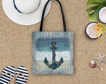 Nautical Tote Bag/ Ship Anchor, Blue Stripes And Map Coastal Tropical Large Beach Bag