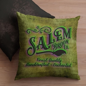 Halloween Pillow Cover/ Salem Broom Company Vintage Purple, Green Witch Store Sign Decor