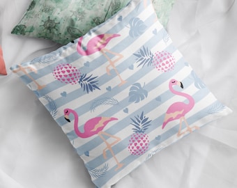 Flamingo Throw Pillow Cover/ Striped Tropical Flamingo, Pineapple Leaves Pink And Dusty Blue Summer Pillow Décor