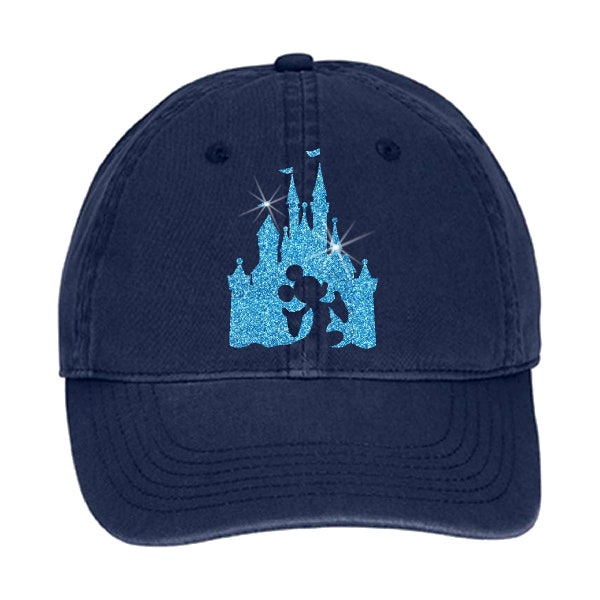 Disney Hat/ Mickey Mouse Silhouette Glitter Aqua Blue Cinderella’s Castle Hat/ Disney Baseball Hat/ Disney Vacation Mickey Adjustable Cap