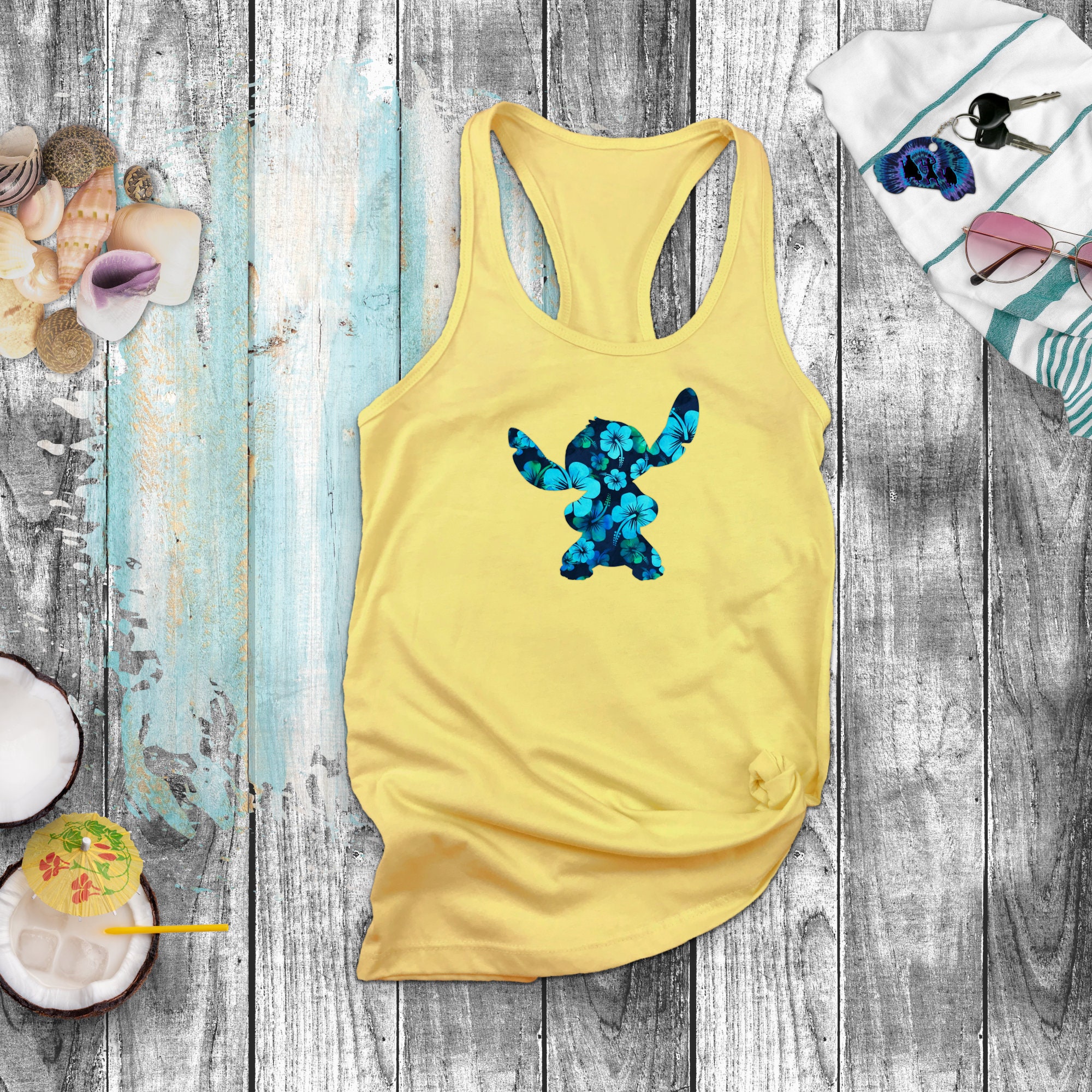Disney Polynesian Stitch Tank Top/ Stitch Blue Hibiscus Tropical Tank/ Disney Luau Island Blue Hibiscus Vacation Shirt