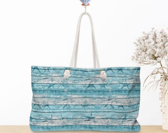 Nautical Tote Rope Handle Bag/ Blue White Beach Wood Seashells And Starfish Coastal Tropical Large Weekender Beach Bag