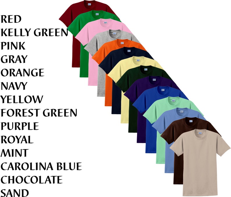 Puede incluir: Una colecci&oacute;n de camisetas de manga corta en varios colores: rojo, verde, rosa, gris, naranja, azul marino, amarillo, verde bosque, morado, real, menta, azul Carolina, chocolate y arena. El texto a la izquierda enumera los colores.