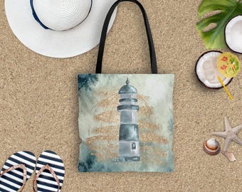 Nautical Tote Bag/ Navy Lighthouse Seashells Watercolor Coastal Tropical Large Beach Bag