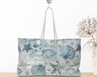 Nautical Tote Rope Handle Bag/ Beige White Stripe Watercolor Blue Seashells And Fish Coastal Tropical Large Weekender Beach Bag
