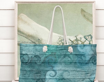 Nautical Tote Rope Handle Bag/ Ocean Waves Sea Life Illustration Coastal Tropical Large Weekender Beach Bag