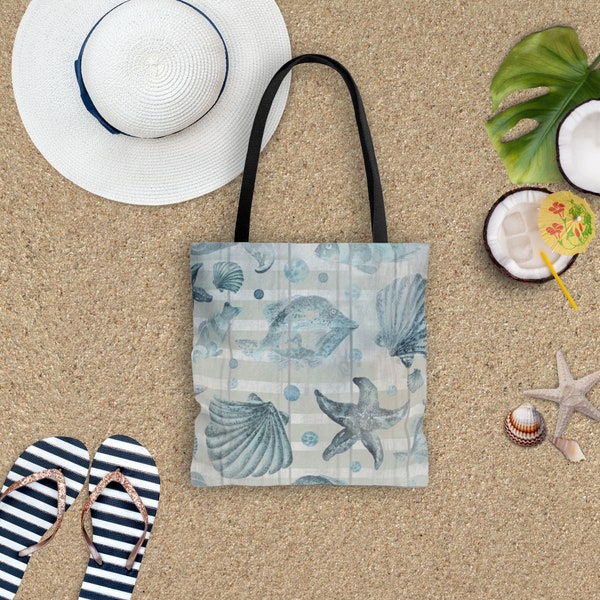 Nautical Tote Bag/ Beige White Stripe Watercolor Blue Seashells And Fish Coastal Tropical Large Beach Bag