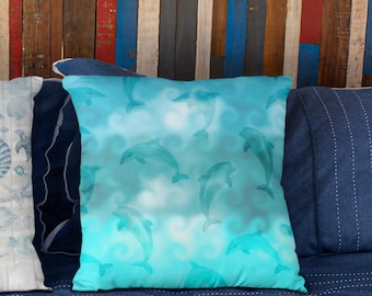 Nautical Watercolor Dolphins Aqua Ombre Ocean Wave Swirls Beach Décor/ Coastal Beach Pillow Cover