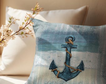 Nautical Throw Pillow Cover/ Sailing Ship Anchor With Vintage World Map Beach Décor/ Coastal Beach Pillow Gift