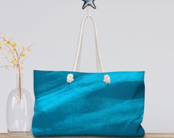 Nautical Tote Rope Handle Bag/ Navy Aqua Ocean Waves Coastal Tropical Large Weekender Beach Bag