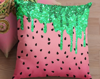 Watermelon Throw Pillow Cover/ Watercolor Summer Glam Green Drips Summer Décor