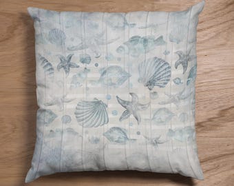 Nautical Throw Pillow Cover/ Watercolor Seashells And Fish Striped Weathered Wood Beach Décor/ Coastal Beach Pillow Gift