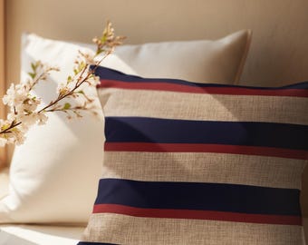 Nautical Navy Blue & Red Stripes, Sailing Theme, Sandy Beige Linen Texture, Coastal Home Decor, Pillow Cover