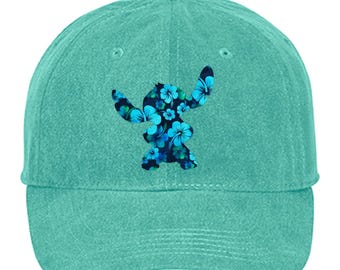 Disney Polynesian Stitch Hat/ Stitch Blue Hibiscus Tropical Baseball Hat/ Luau Island Blue Floral Vacation Adjustable Cap