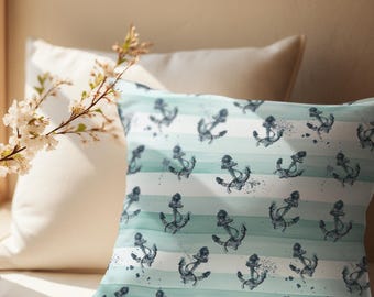 Tonal Aqua Stripes, Coastal Beach Theme Pillow Cover With Navy Nautical Anchor Pattern