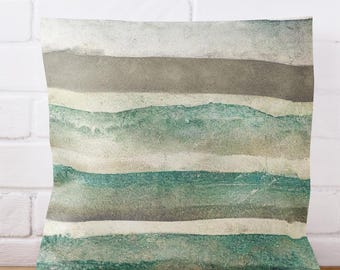 Coastal Retro Watercolor Beach Seafoam Green, Sage And Creamy Natural Sand Stripes Pillow Cover