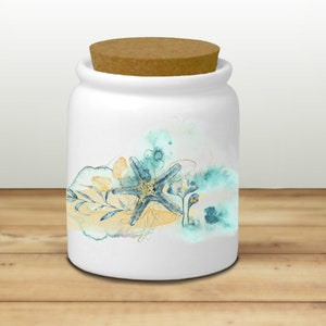 Nautical Ceramic Jar/ Watercolor Ocean Life And Starfish Creamer/ Sugar/ Spice Jar With Cork Lid Kitchen Gift