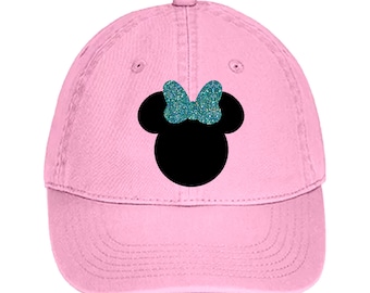 Disney Hat/ Minnie Mouse Glitter Bow Hat/ Disney Baseball Hat/ Disney Vacation Mermaid Blue Glitter Bow Adjustable Cap