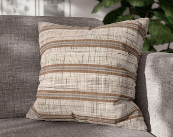 Coastal Island Linen Texture Background, Sandy Beige & Grey Stripes, Neutral Decor Pillow Cover