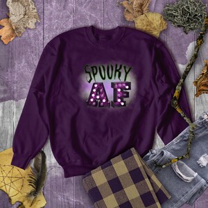 Halloween Spooky AF Sweatshirt/ Purple Marquee Letter Lights Spooky Fleece Sweater