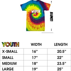 May include: Youth tie-dye t-shirt with a spiral pattern in vibrant colors. The shirt's width ranges from 16" to 19", and the length varies from 20.5" to 25". The word "YOUTH" is displayed in colorful text.