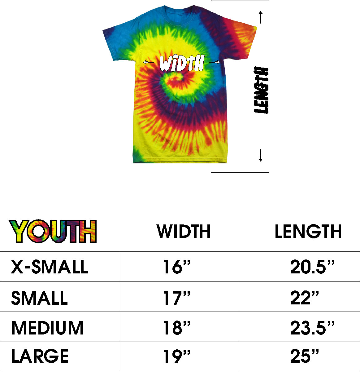 May include: Youth tie-dye t-shirt with a spiral pattern in vibrant colors. The shirt's width ranges from 16" to 19", and the length varies from 20.5" to 25". The word "YOUTH" is displayed in colorful text.