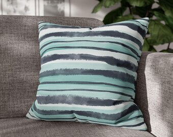 Beach Abstract Watercolor Navy Blue And Aqua Blue Stripes, Coastal Summer Pillow Cover