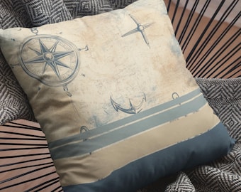 Nautical Old World Map With Blue Stripes Sailing Boating Theme, Sandy Weathered Texture Pillow Cover