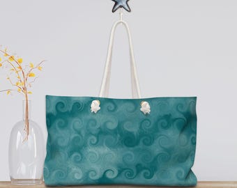 Nautical Tote Rope Handle Bag/ Blue Curled Ocean Waves Digital Watercolor Illustration Coastal Tropical Large Weekender Beach Bag
