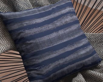 Indigo Blue Stripes Nautical Beach Theme Linen Texture Watercolor Design, Coastal Home Decor Pillow Cover