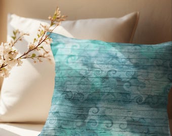 Nautical Throw Pillow/ Watercolor Shells And Waves On Sea Blue Wood Beach Décor/ Coastal Beach Pillow Cover